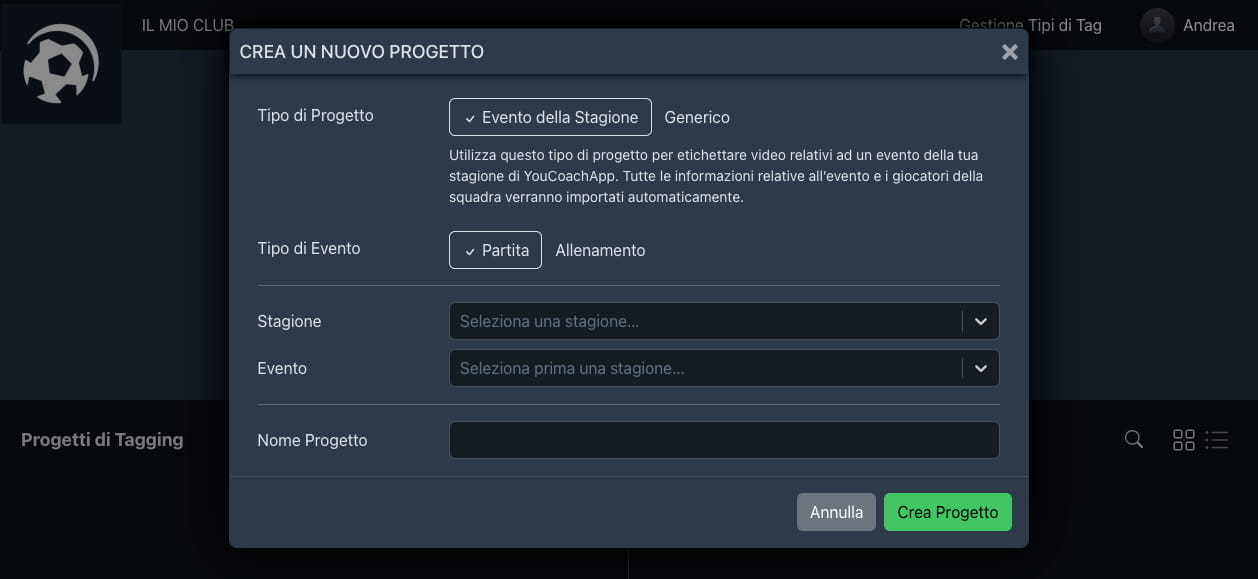 Crea progetto YouCoachApp Video Analysis