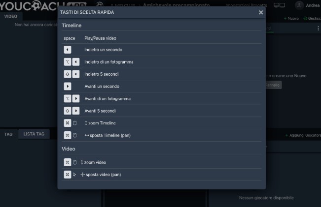 YouCoachApp video analisi tasti rapidi