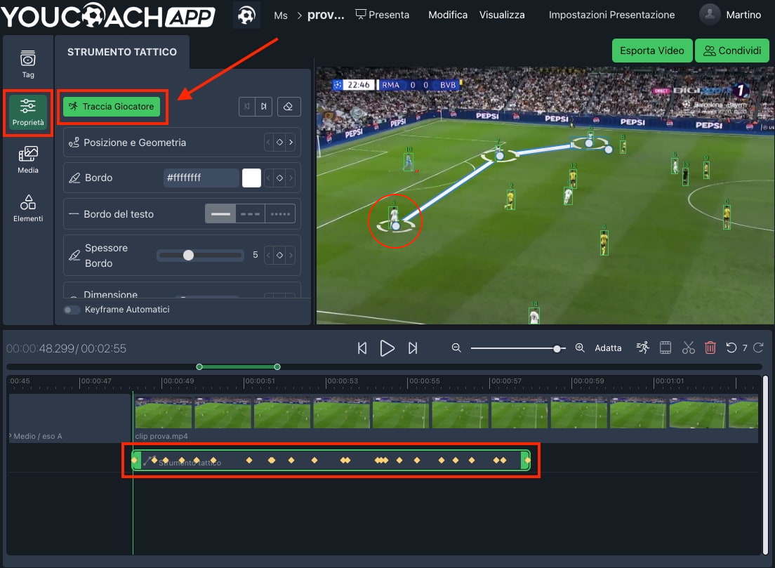 YouCoachApp Video Analysis: riposizionamento del tracking eseguito