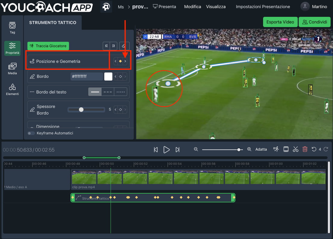 YouCoachApp Video Analysis: spostati di keyframe in keyframe per riposizionare gli elementi tattici