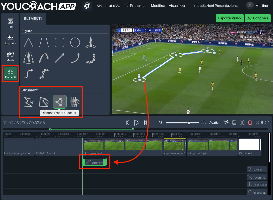 YouCoachApp Video Analysis: ogni volta che inserisci una figura, uno strumento o un componente, questo appare nella timeline. 