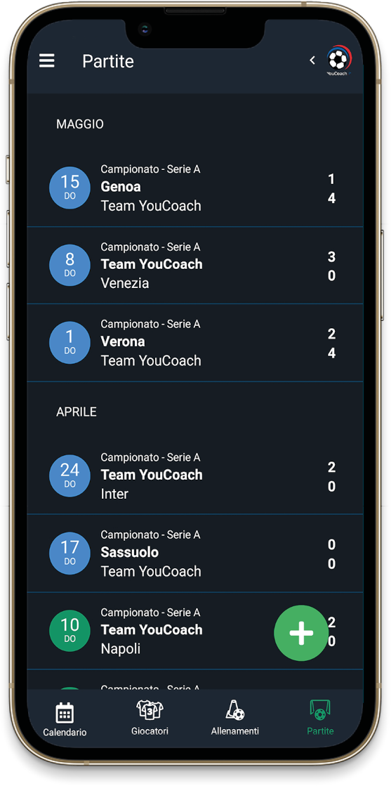 Elenco partite YouCoachApp calcio